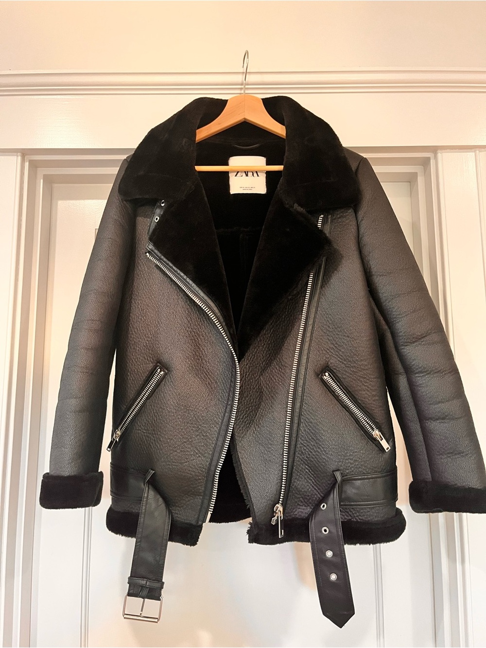 Zara Black Faux Shearling Moto Jacket